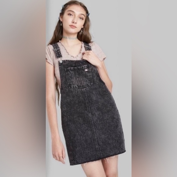 wild fable Dresses & Skirts - Wild Fable Overalls Jean Skirt Dress Size M Black Acid Washed Denim